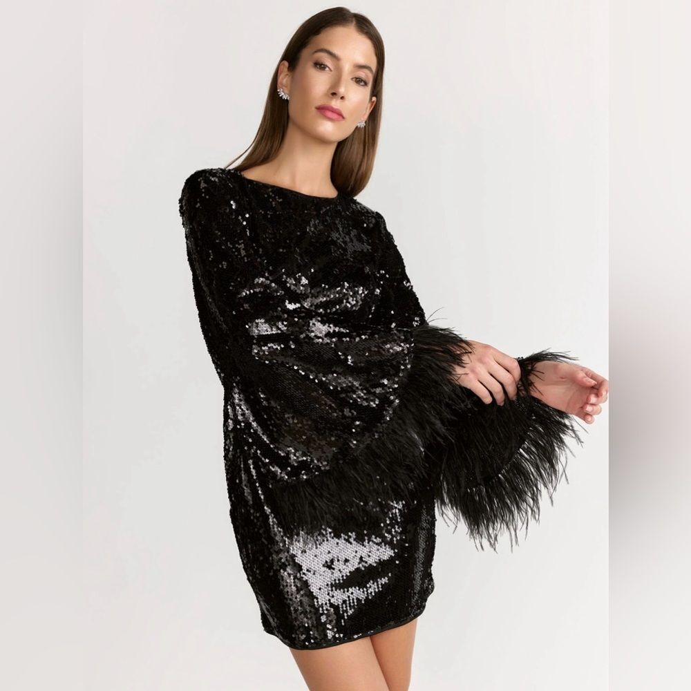 Lena Long-Sleeve Feather Trim Sequin Dress- Size Medium